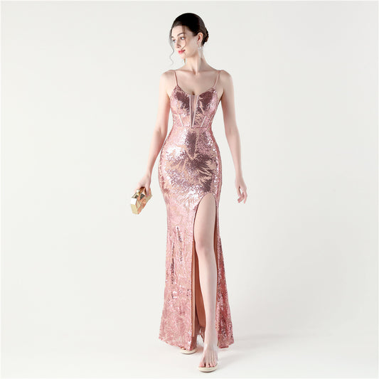 33265 #2025 new fishbone waist straps cross back design split sequined mermaid evening dress