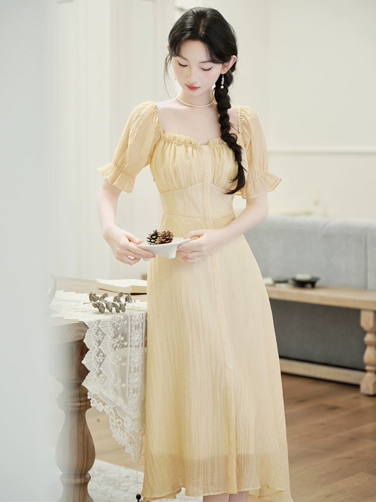 Summer great-looking skirt romantic  bubble sleeve yellow dress women's summer waist slim A-shaped dress