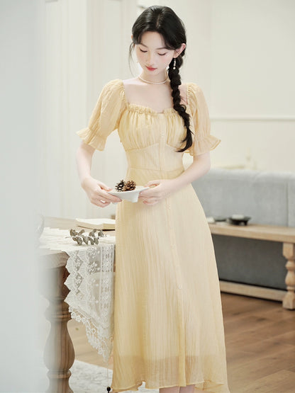 Summer great-looking skirt romantic  bubble sleeve yellow dress women's summer waist slim A-shaped dress