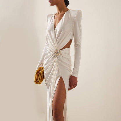 LOVEVOP white long-sleeved pleated hollow V-neck cross dress New metal  elastic women's dress