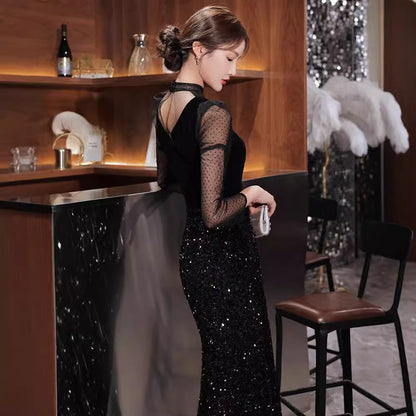 2025 new black evening dress style atmosphere banquet fishtail vocal dress art test long sleeve host temperament