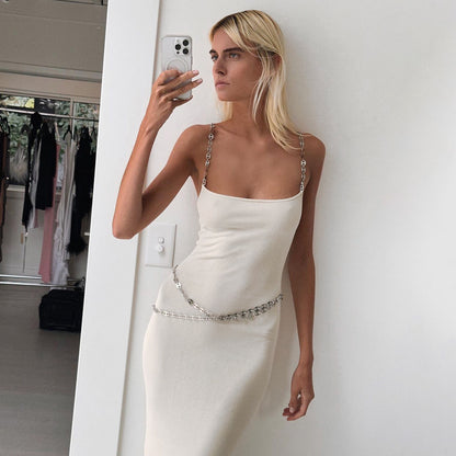 LOVEVOP High-end chain suspender skirt  women's long dress party dress  fashion New evening dress summer