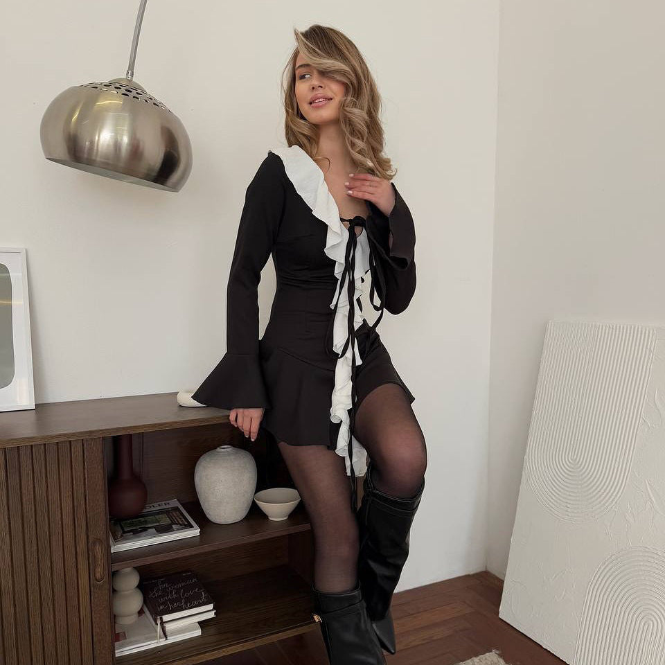 New Popular trade new wholesale women's dress fungus edge splicing V-neck strap horn long sleeve sexy