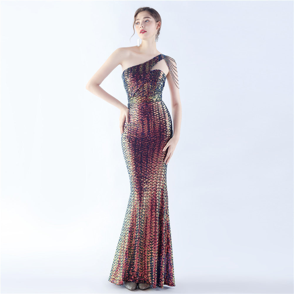 31357 #Hot Trade popular New Symphony Bead Craft Bead Shoulder Slant Neck High-end Slim Evening Dress