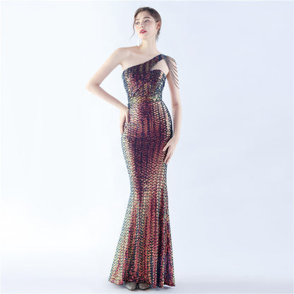 31357 #Hot Trade popular New Symphony Bead Craft Bead Shoulder Slant Neck High-end Slim Evening Dress