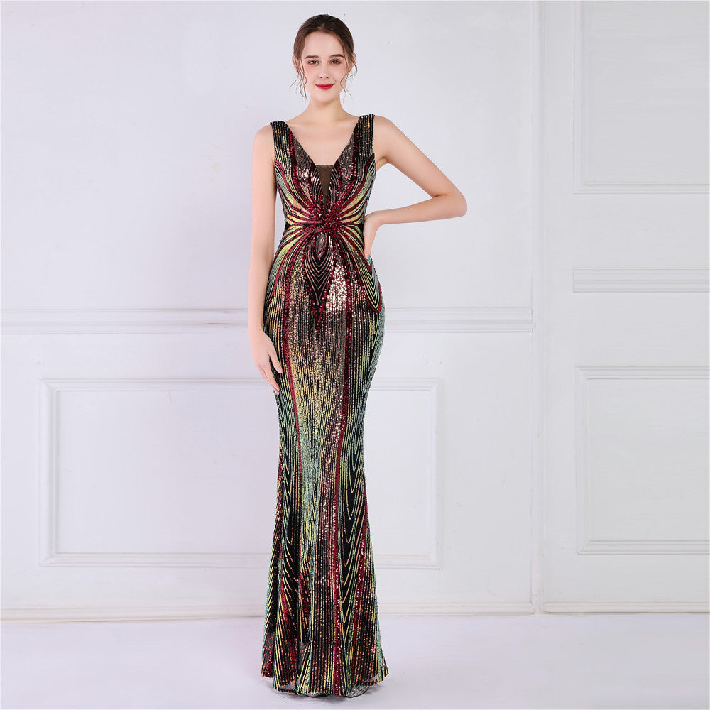 19025 #Positioning flower bead banquet elegant long sleeveless sequin aura queen fishtail skirt slim fishtail skirt
