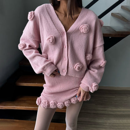 Hot trade New flower gentle temperament knitted sweater women's  niche temperament  flower skirt set