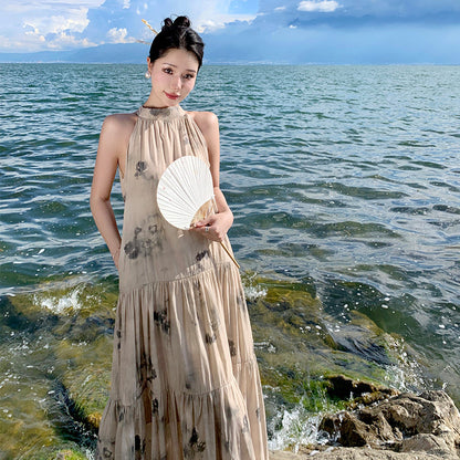 2025 New Chinese ink painting suspender dress women's clothing summer retro national style temperament cold advanced sense vacation skirt length