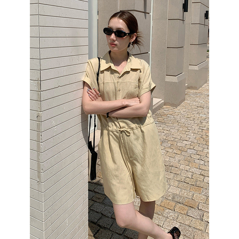 2025 THE MIND linen tencel short-sleeved jumpsuit women's 2025 summer simple wide-leg casual shorts T5022X
