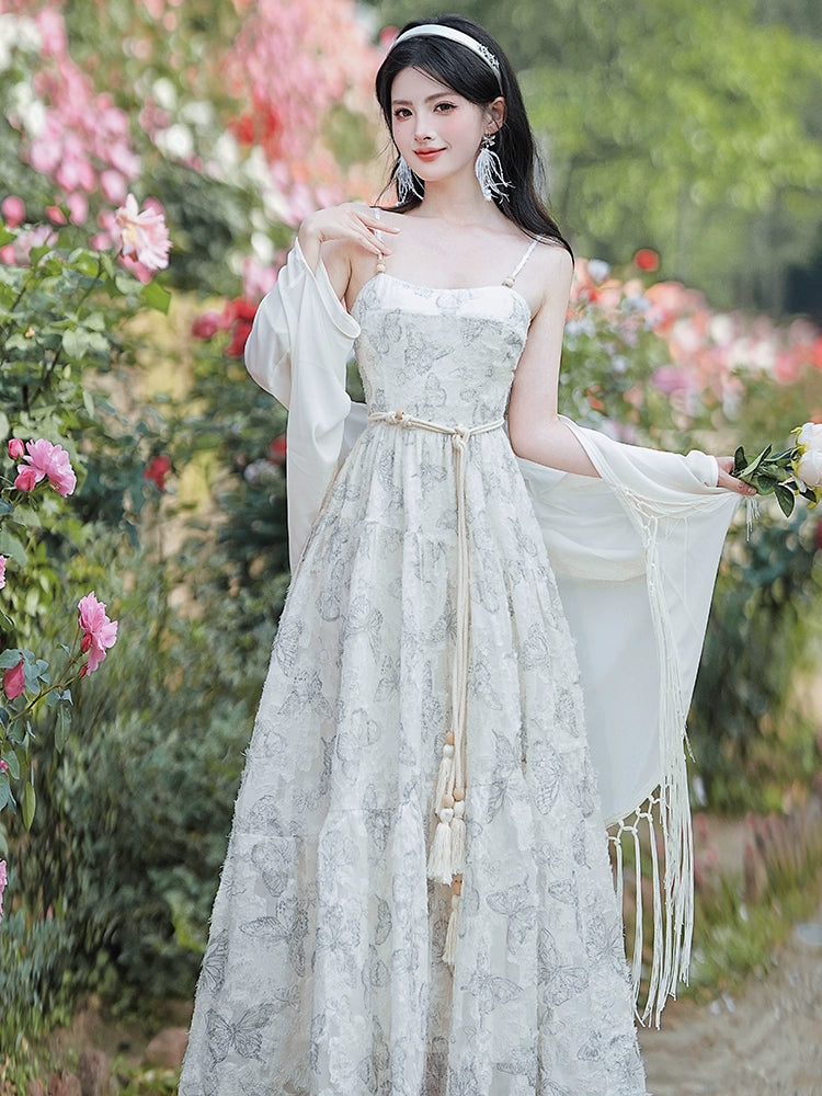 Coffee Break  Floral Dress Salt Sweet Seaside Holiday Beach Dress Suspender Skirt Outer Cardigan Set