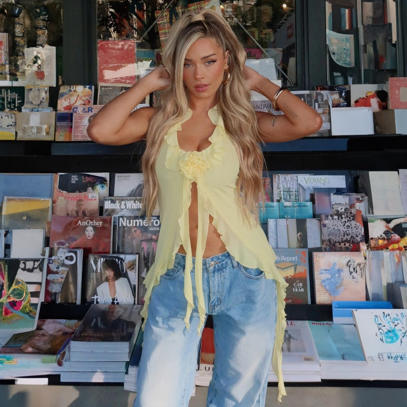 LOVEVOP Europe and the United States cross-border Hot summer new mesh yarn streamer hanging neck thin belt sexy small vest foreign trade wholesale women's clothing