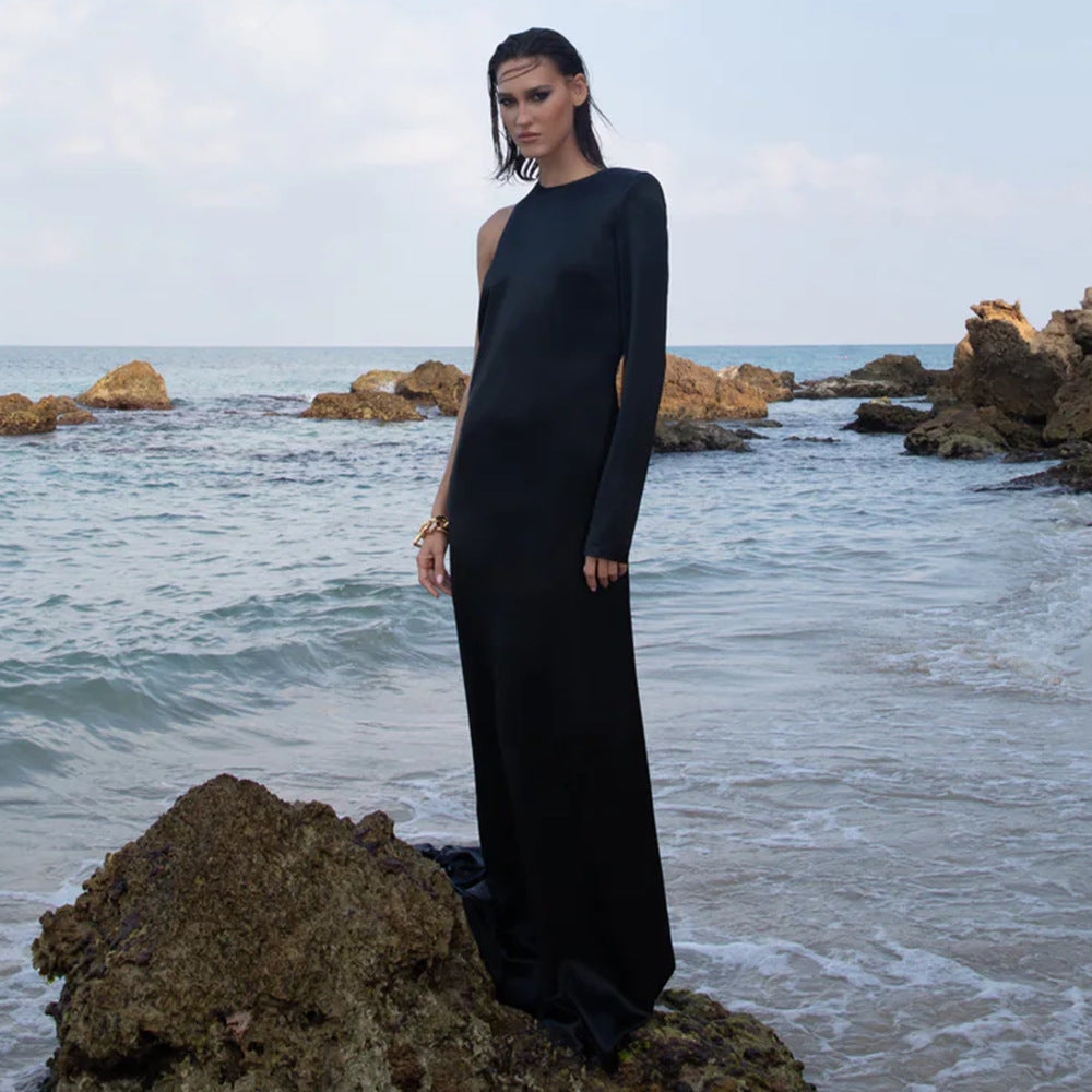 LOVEVOP new black shoulder long sleeve sexy backless snake bone chain long  women's dress autumn