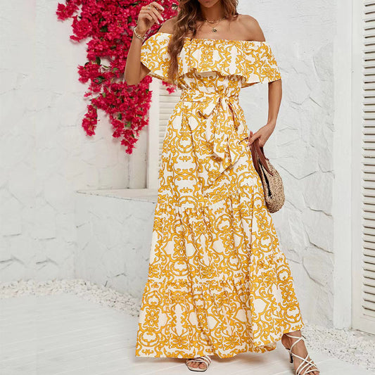 2025 2025 New new independent station  dress women's one-word shoulder short-sleeved printed ruffle edge long dress