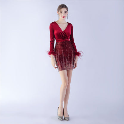 31338 #Hot Trade popular New Ostrich Bead Sheet Velvet Splicing Hip Wrap Long Sleeve Short Nightclub Dress
