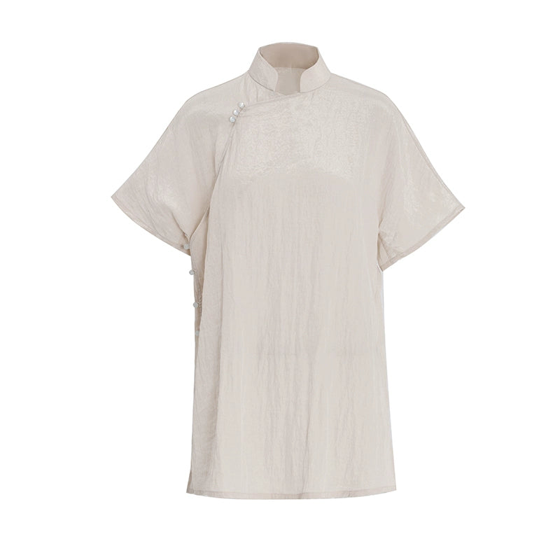 APOZi collection untitled landscape series stand-up collar diagonal silk one-piece new Chinese top women