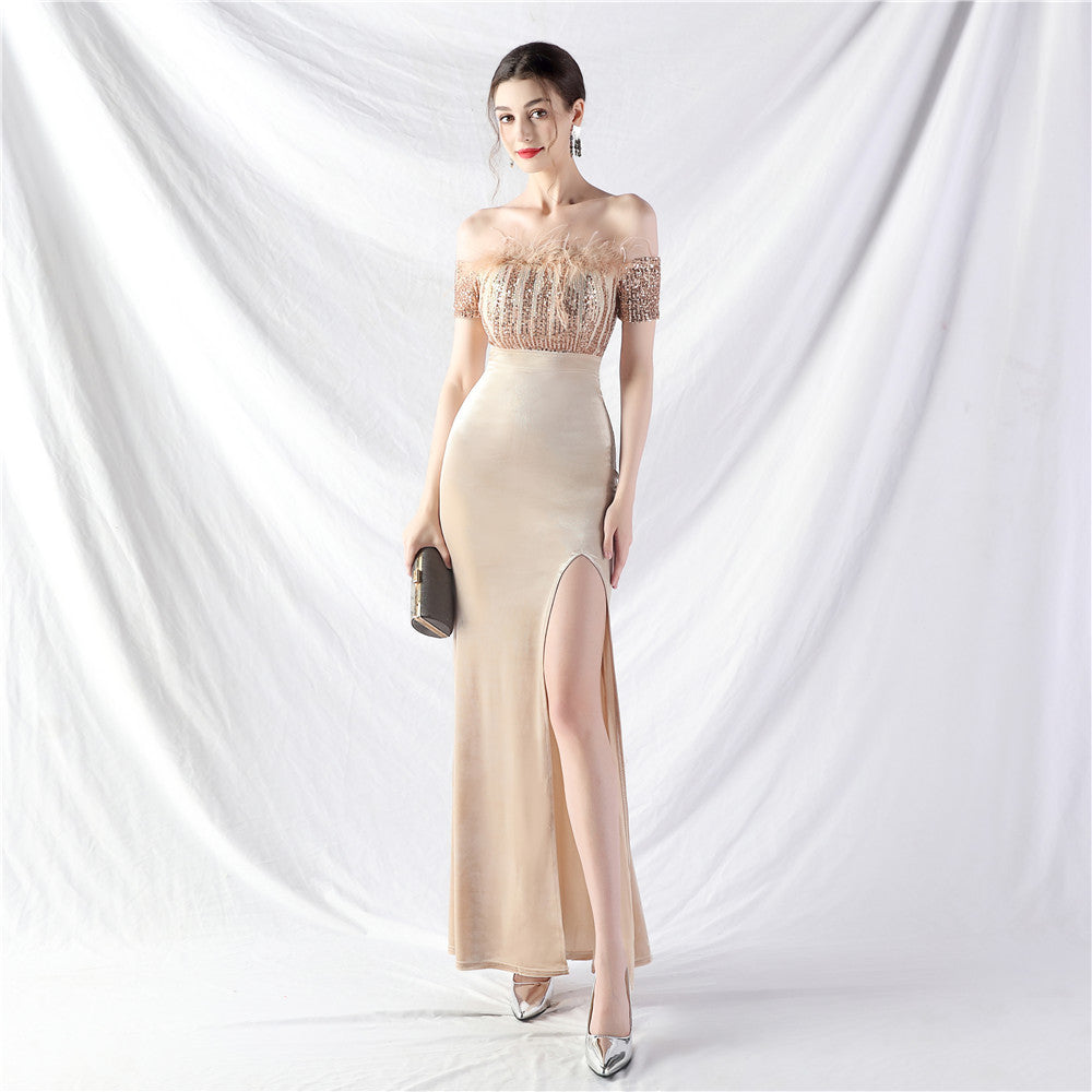 31950 #Popular trade new craftsmanship order ostrich wool velvet one-word collar evening dress