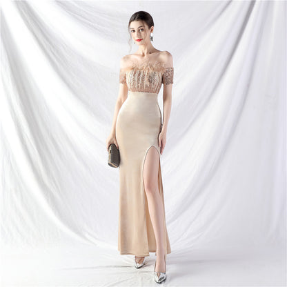 31950 #Popular trade new craftsmanship order ostrich wool velvet one-word collar evening dress