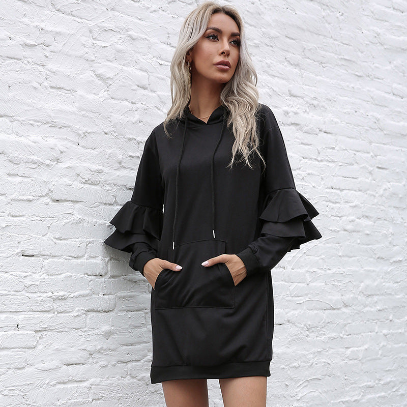 LOVEVOP popular new long-sleeved pullover hooded skirt Popular trade women's clothing  New ruffle edge splicing hooded dress