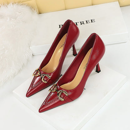 2025 886-2 retro  high heels women's shoes stiletto high heel shallow mouth pointed metal belt buckle decorative single shoes