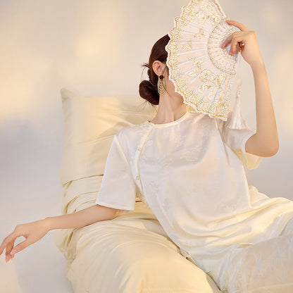 Summer new flower jacquard mulberry silk short-sleeved solid color light luxury simple design temperament T-shirt top M4006