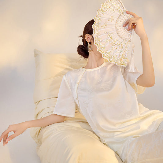 Summer new flower jacquard mulberry silk short-sleeved solid color light luxury simple design temperament T-shirt top M4006