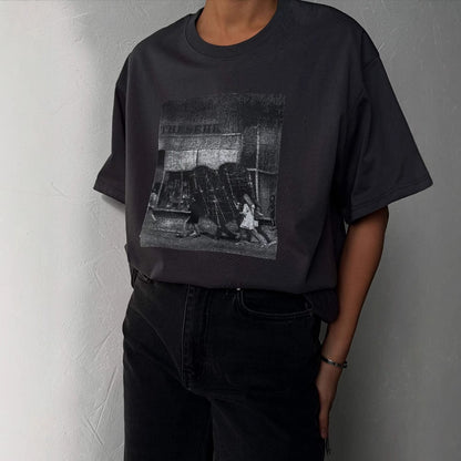 loose casual design top  retro niche printing short-sleeved T-shirt women