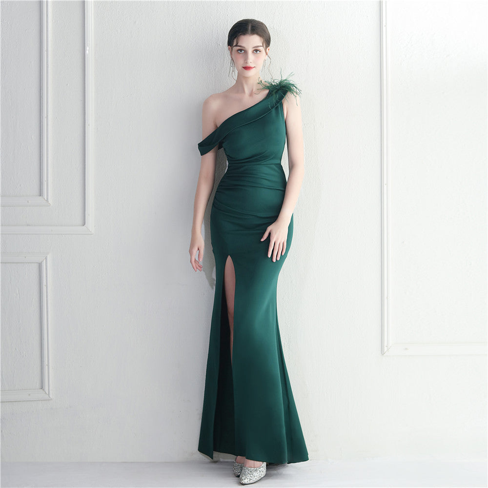 19962 #Cross-border Popular trade supply Ostrich hair decorative slant shoulder collar split fork 2025 sexy dress Evening dress