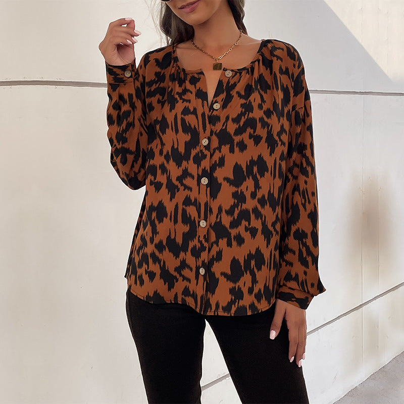 LOVEVOP Cross-border  popular Spring and Autumn New Hot Trade 2025 Commuter Top Long Sleeve Leopard Print Design Shirt Women