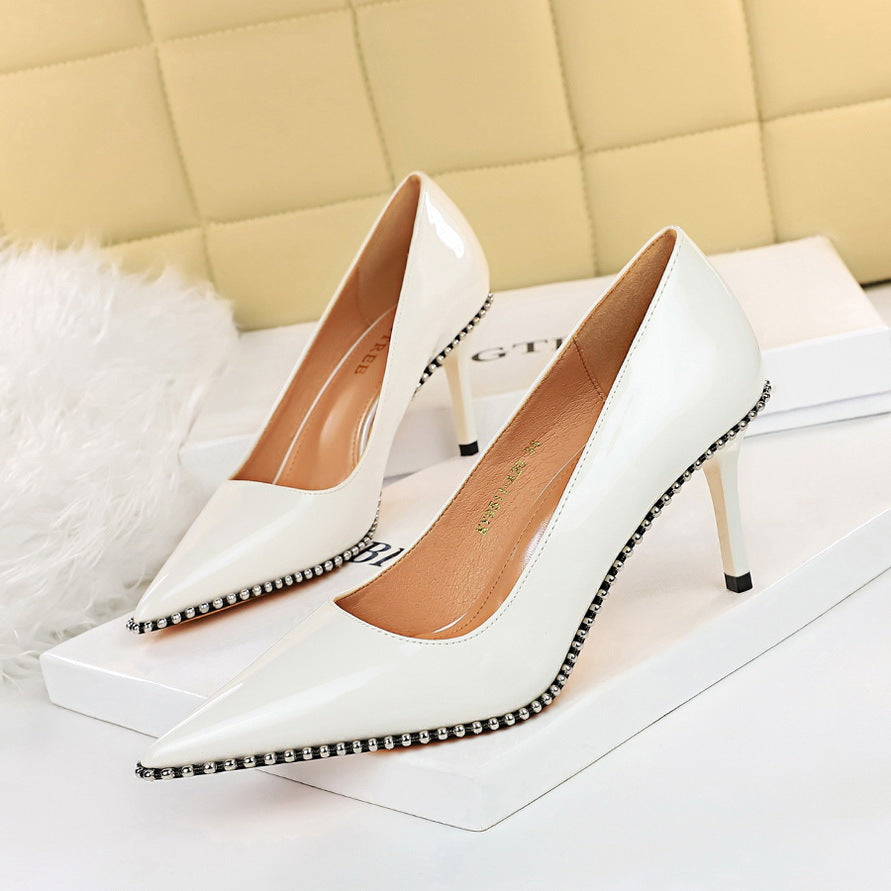 2025 9611-2  sexy super high heel retro metal chain rivet patent leather shallow mouth pointed high heels women's single shoes