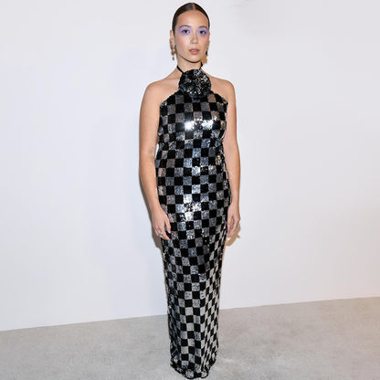 LOVEVOP  Chinese New Year new  long skirts women's clothing black and white plaid bead splicing dress neck flower skirt