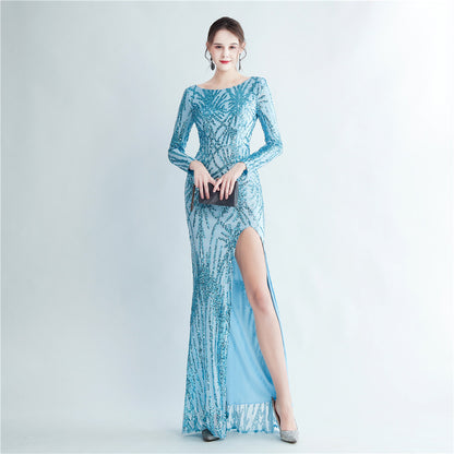 19966 #Hot trade 2025 new sequined long-sleeved split high-end evening dress