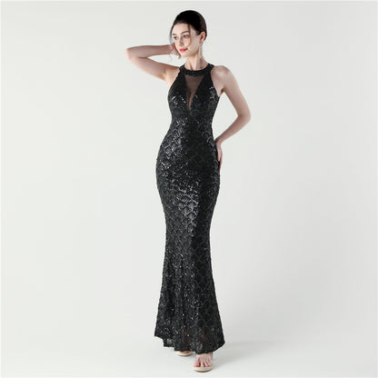 33133 #2025 new sequined mesh slim hip wrap sexy off-the-shoulder women's evening dress dinner party dress