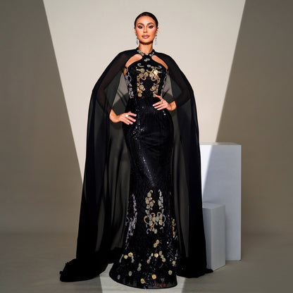 2025 high-end temperament neck long sequined mesh shawl banquet evening dress bridesmaid dress women