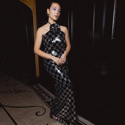 LOVEVOP  Chinese New Year new  long skirts women's clothing black and white plaid bead splicing dress neck flower skirt