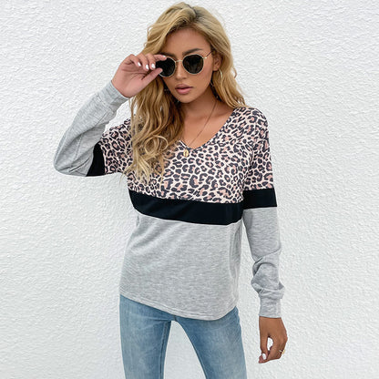 LOVEVOP popular autumn new 2025 contrasting colors leopard print v-neck pullover casual top bottoming long-sleeved t-shirt wholesale