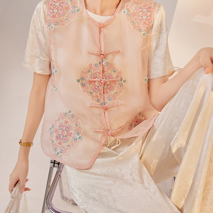 summer new light vest new Chinese buckle high-end design embroidered mulberry silk top women's M6031