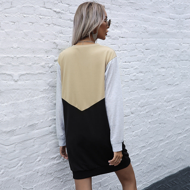 LOVEVOP New popular new 2025 contrasting colors loose crew neck sweater skirt autumn long-sleeved splicing dress women