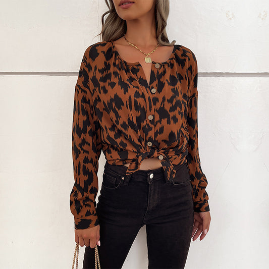 LOVEVOP Cross-border  popular Spring and Autumn New Hot Trade 2025 Commuter Top Long Sleeve Leopard Print Design Shirt Women