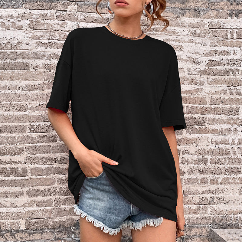 LOVEVOP New new popular summer women's letter-printed top round neck medium and long Popular trade short-sleeved t-shirt