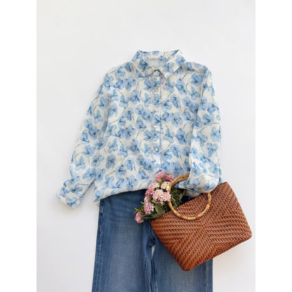 Gentle wind light blue floral shirt  summer thin linen  literary fresh printed top