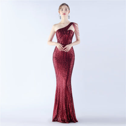 31357 #Hot Trade popular New Symphony Bead Craft Bead Shoulder Slant Neck High-end Slim Evening Dress