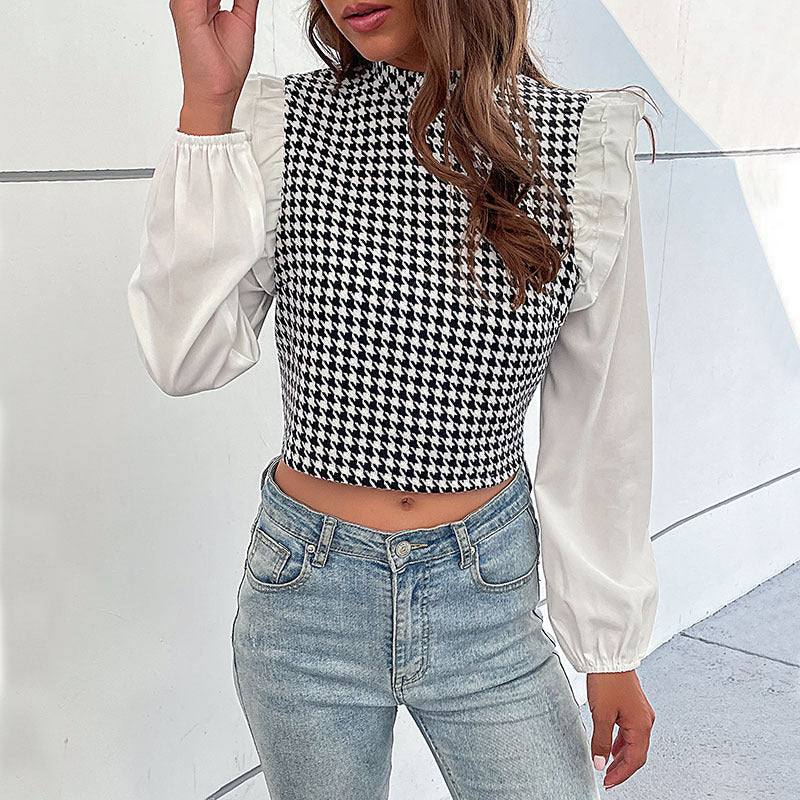 LOVEVOP Cross-border  Hot autumn new 2025 short thousand bird grid top long-sleeved ruffle edge splicing shirt women