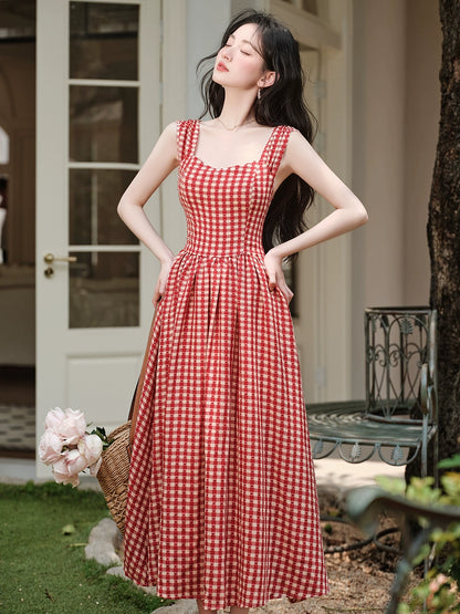 retro red plaid dress women's summer new design sense niche waist and thin sleeveless vest skirt