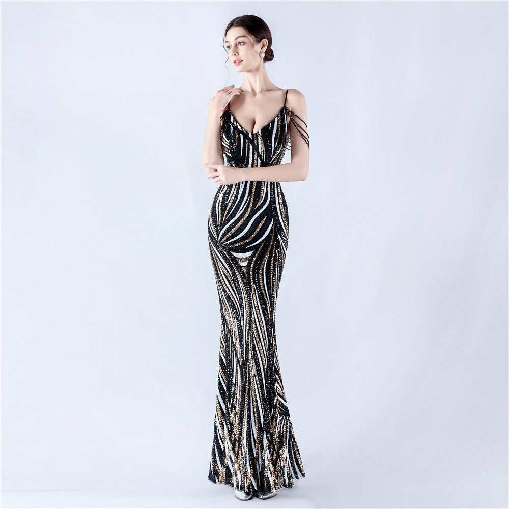 33028 #Hot trade new sequined striped color matching slim-fitting dinner host annual meeting suspender long dress women