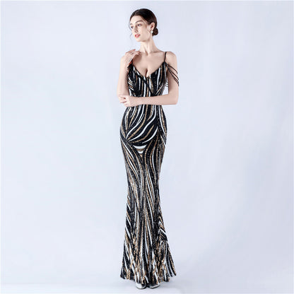 33028 #Hot trade new sequined striped color matching slim-fitting dinner host annual meeting suspender long dress women