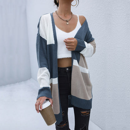 LOVEVOP New  Hot Early Autumn New Long Contrasting Sweater Casual Japanese Cardigan Jacket Women