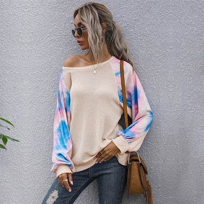 LOVEVOP New Popular, 2025 and popular new waffle bottoming long-sleeved shirt tie-dye round neck splicing pullover T-shirt women