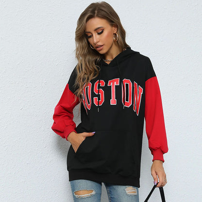 LOVEVOP New popular autumn contrasting color hoodie 2025 letter printing casual sports hooded sweater women
