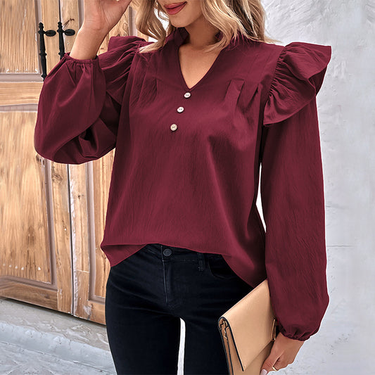 LOVEVOP New Cross-border 2025 commuter women's clothing Hot early autumn new ruffle edge long-sleeved design shirt