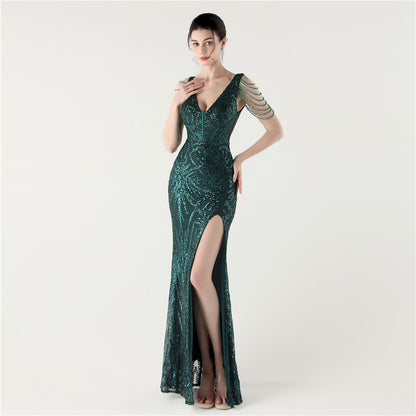 33352 #2025 New Heavy Industry Fishbone Waist Strap Deep V High Split Evening Dress, Red Carpet Dinner Host